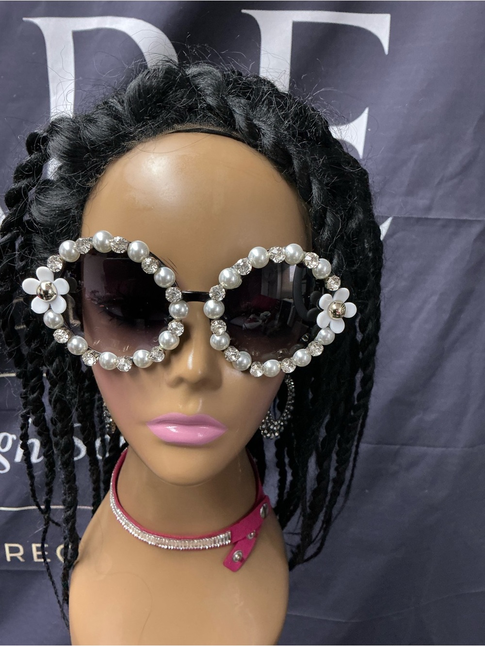 Pearl-Embellished Oversized Round Sunglasses - Black Lenses